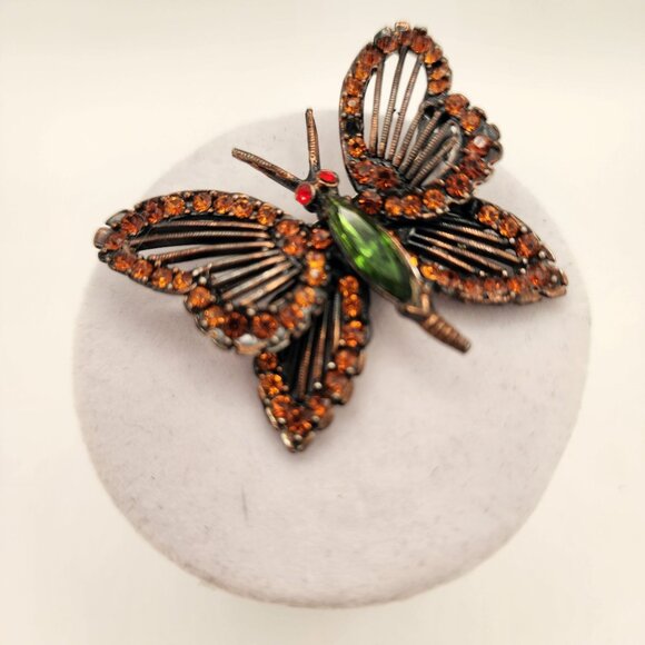 Vintage  Weiss Bronze Butterfly Brooch With Amber & Green Rhinestones - Picture 4 of 10